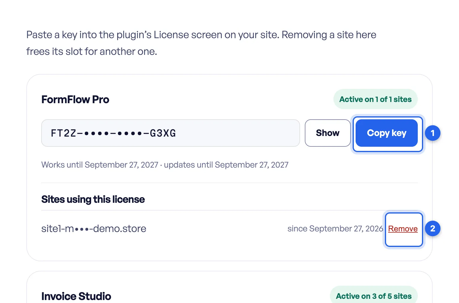 My Account › Licenses at store.zealden.com: a license card with the masked key, Show and Copy key buttons, the dates it works until, and the sites using it with a Remove button.