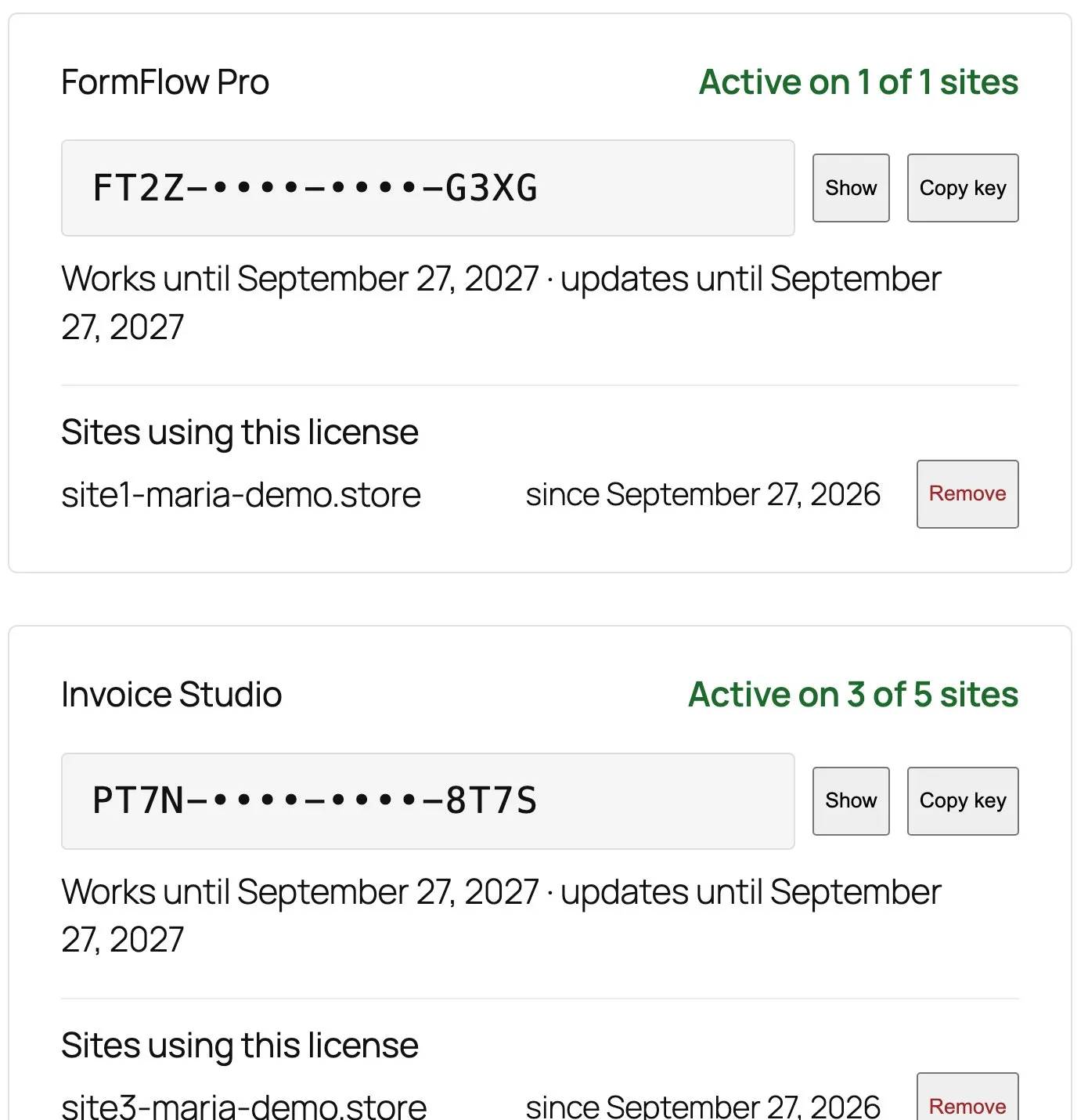 A customer's licenses in My Account: keys, expiry, and the sites using each