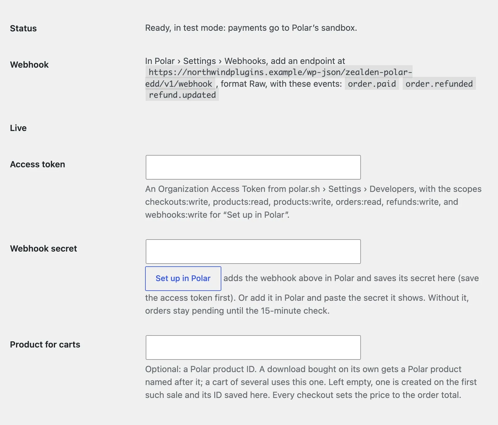 Demo store · Downloads › Settings › Payments › Polar