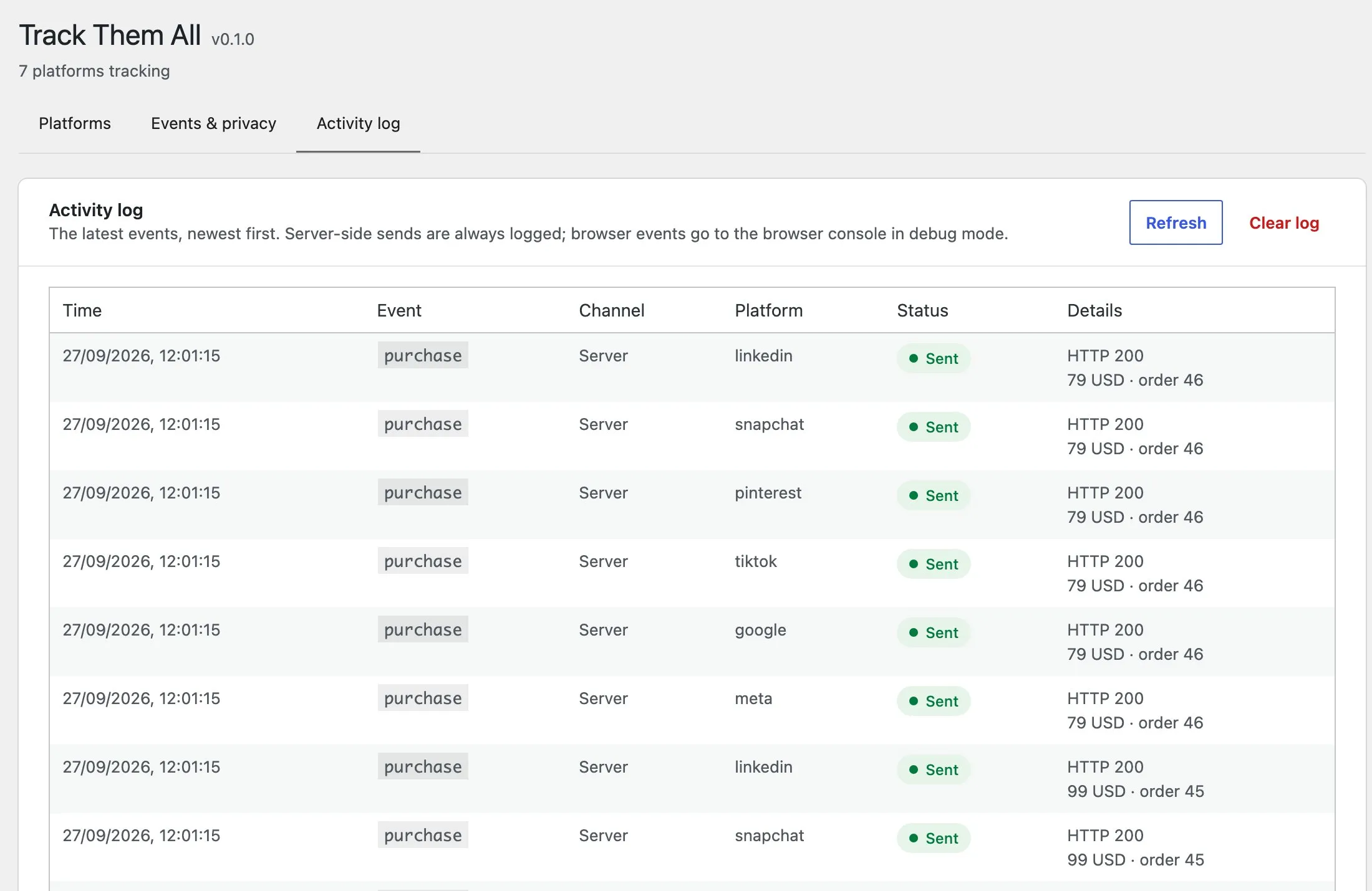 Demo store · Track Them All › Activity log
