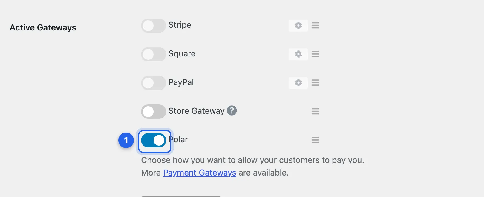 EDD’s Active Gateways list with Polar switched on.