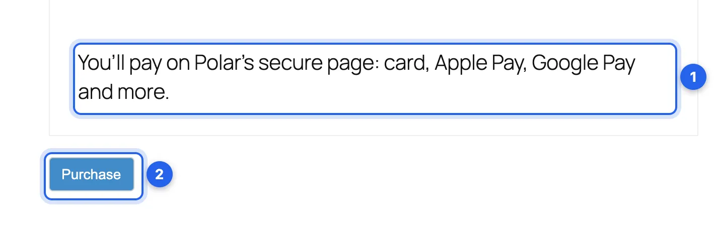 EDD’s checkout: 1, the note “You’ll pay on Polar’s secure page: card, Apple Pay, Google Pay and more.”; 2, the Purchase button.
