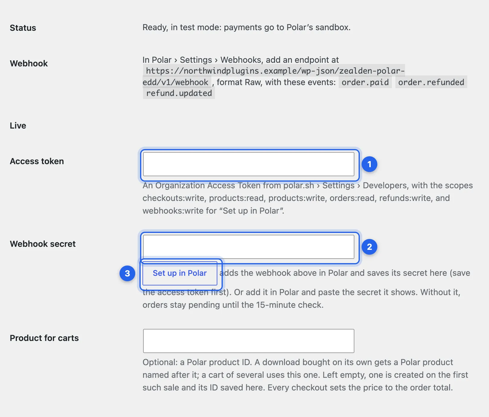 The Polar settings in EDD: the Status line, the Webhook line, then the Live Access token, Webhook secret with its Set up in Polar button, and Product for carts.