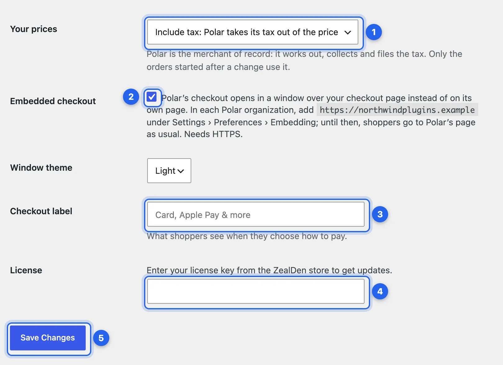The rest of the Polar settings: Your prices, Embedded checkout, Window theme, Checkout label, License and Save Changes.