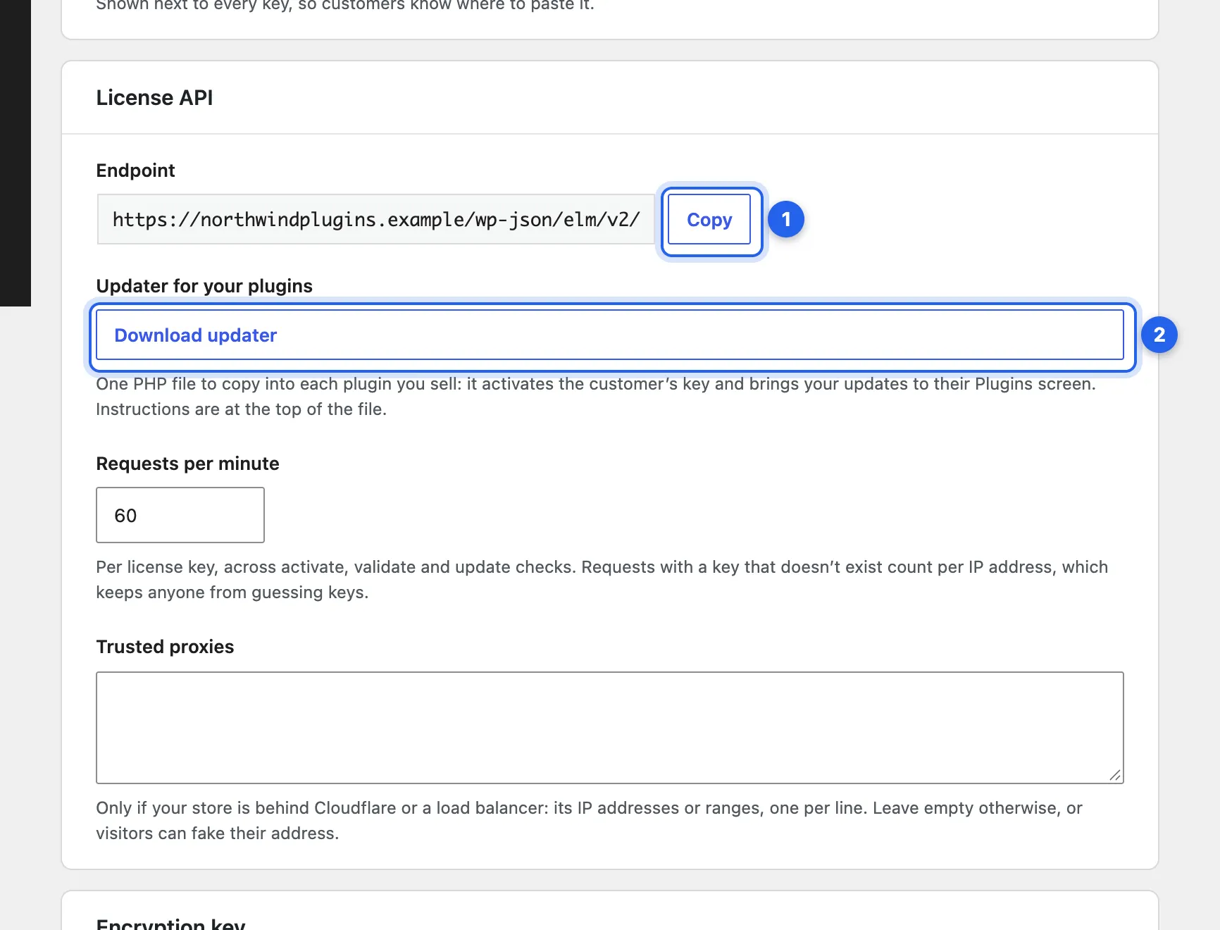 Settings › License API: the endpoint address with a Copy button, Download updater, requests per minute and trusted proxies.