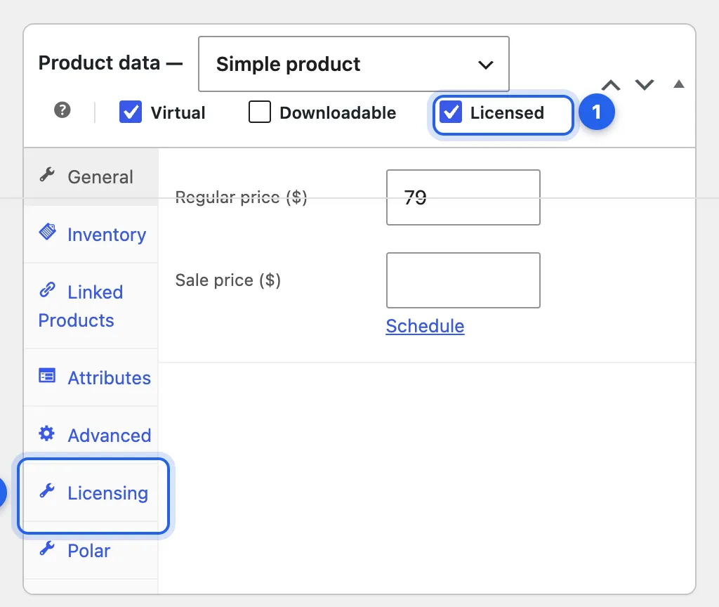 A product’s Product data box. Numbered: the Licensed checkbox and the Licensing tab.