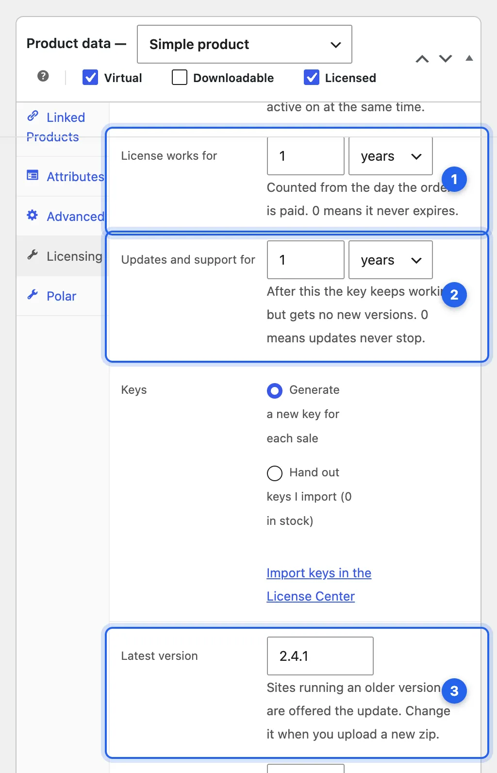 The Licensing tab of a product. Numbered: License works for, Updates and support for, and Latest version.