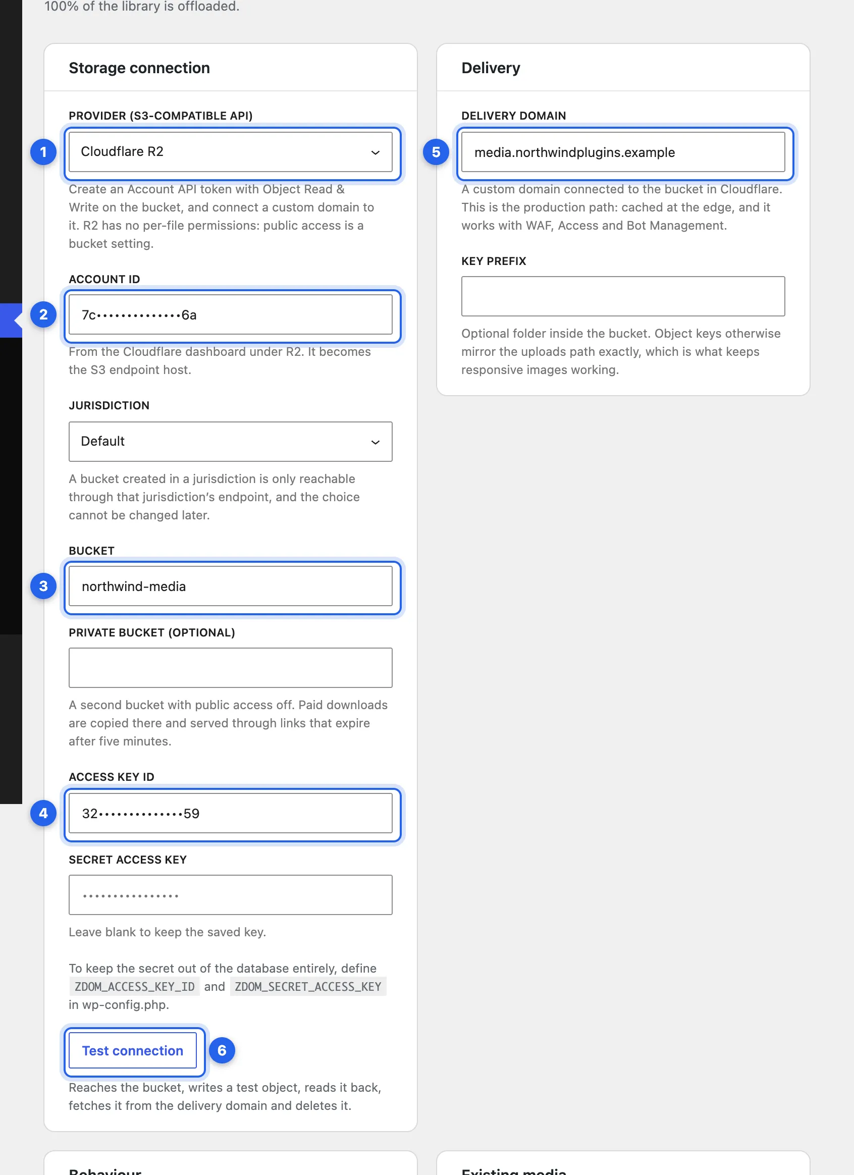 Settings › Safe Media Offload, Storage connection and Delivery cards. Numbered: Provider, Account ID, Bucket, Access Key ID, Delivery domain and the Test connection button.