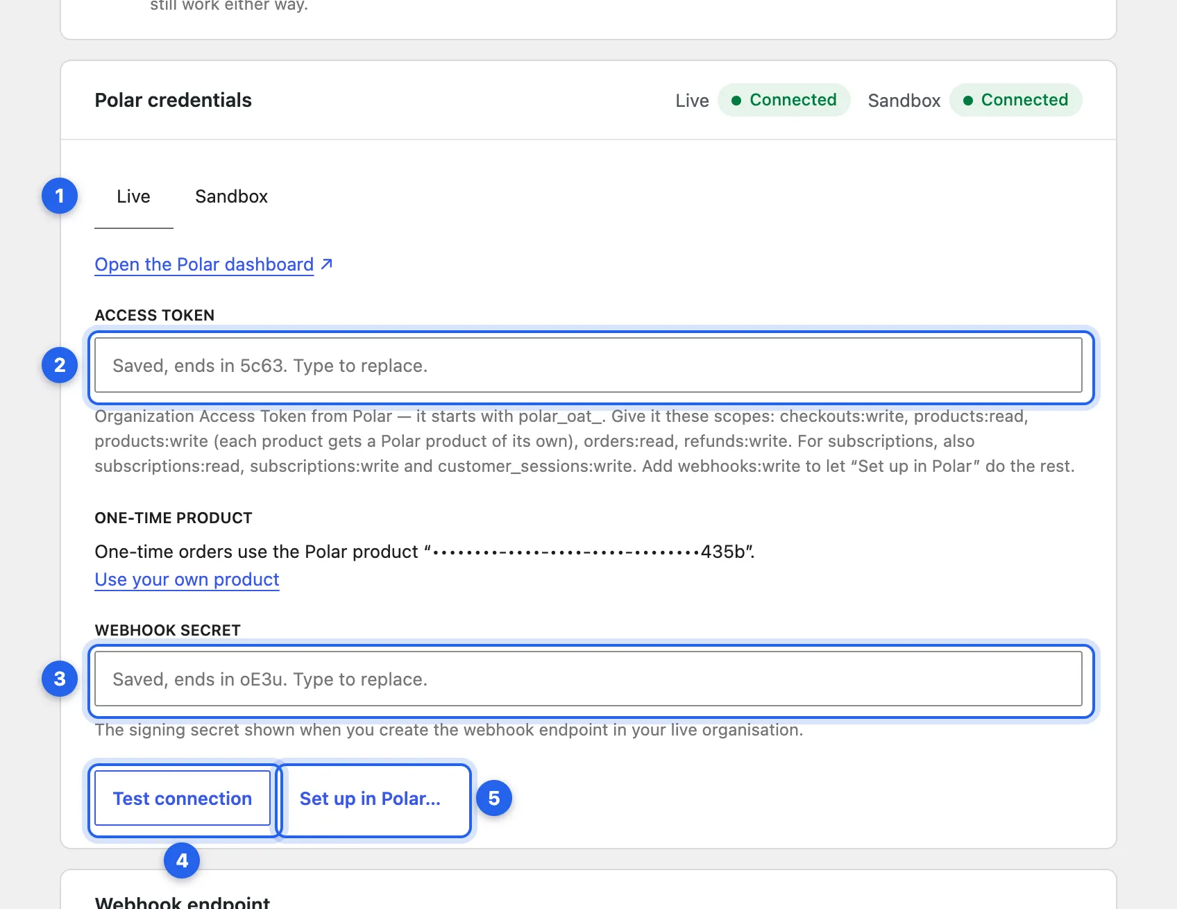 The Polar credentials card on the Live tab. Numbered: the Live tab, Access token, Webhook secret, Test connection and Set up in Polar.