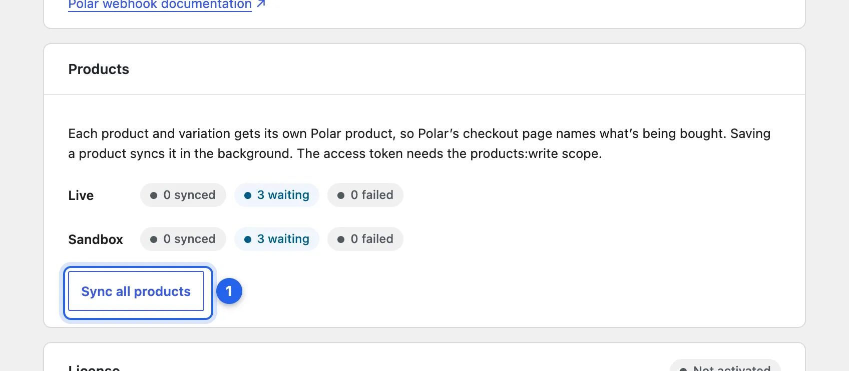 The Products card: how many products are synced, waiting or failed in Live and Sandbox, and the Sync all products button.