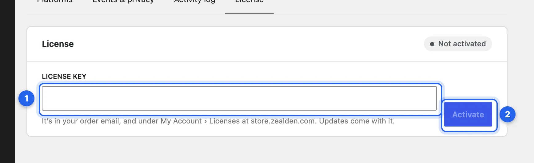 Track Them All’s License tab: the License key field and the Activate button. Every ZealDen plugin’s License card looks the same.