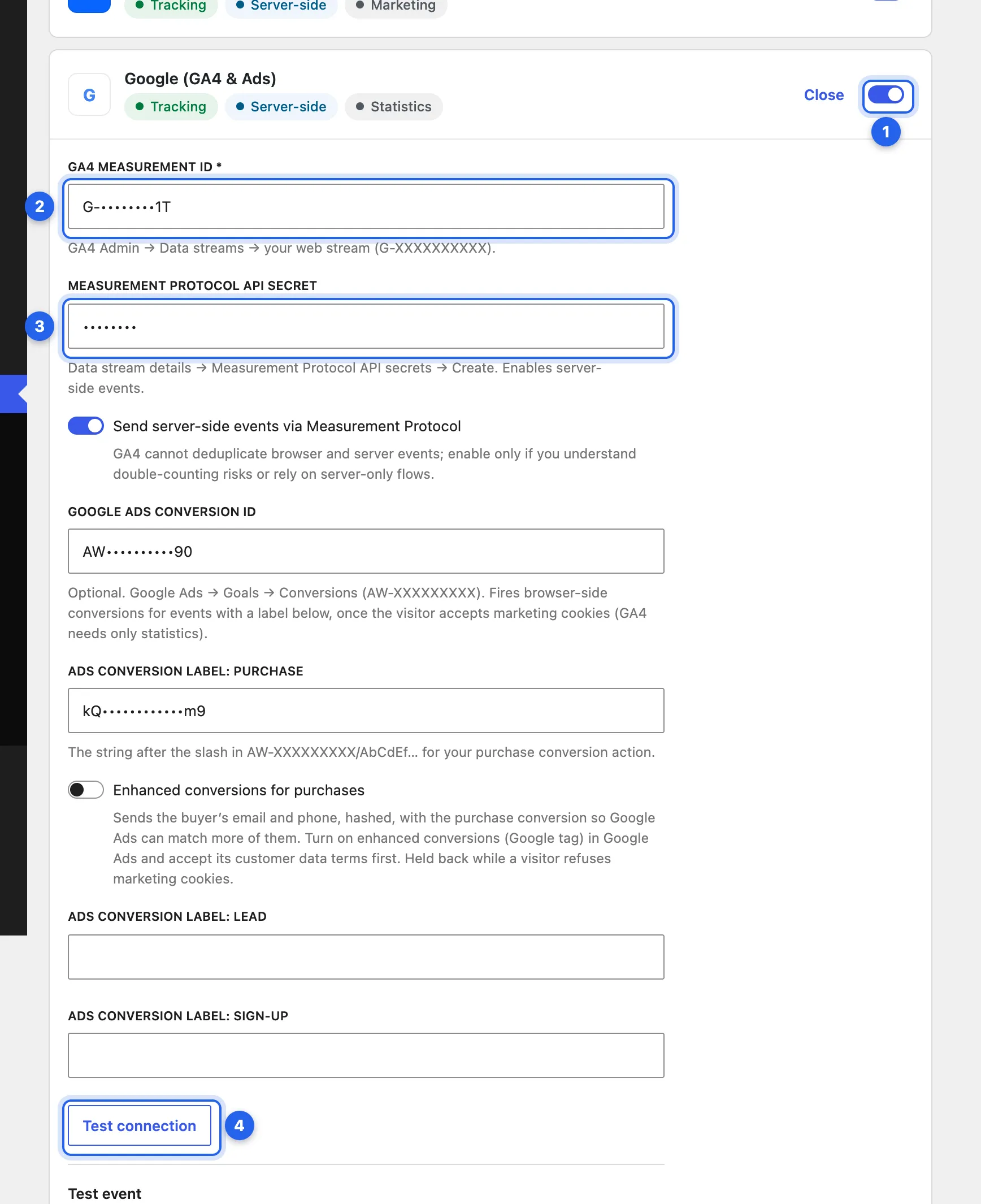 Track Them All’s Platforms tab with Google open. Numbered: the platform’s switch, the GA4 Measurement ID field, the Measurement Protocol API secret field and the Test connection button.